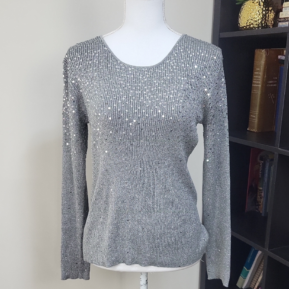LAUREN MICHELLE Gun Metal Gray Silver Sequin Cotton Scoop Neck Ribbed Sweater